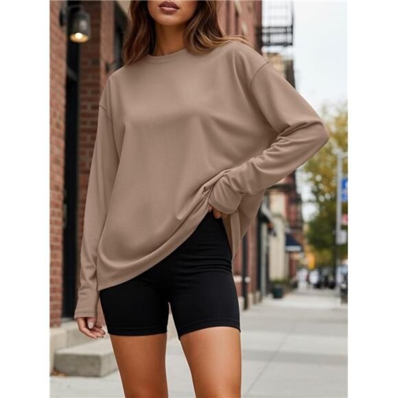 Womens Oversized Long Sleeve T Shirt Crewneck Basic Casual Fall Workout Top - Picture 6 of 7